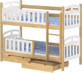 WNM Group Hochbett mit Rausfallschutz und 2 Schubladen Suzie - aus Massivholz - Kinderbett fr Mdchen und Jungen - Absturzsicherung Kinderhochbetten 180x80 cm - Natrliche Kiefer