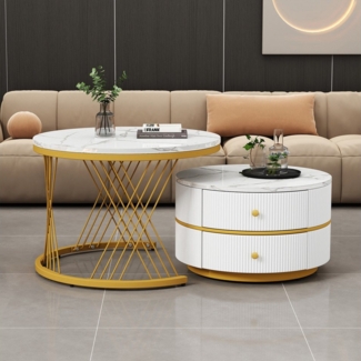 REDOM Couchtisch Runde Nestform, MDF-Material in Marmoroptik (Sofatisch, Wohnzimmertisch, 2-St, bis 30 kg belastbar), mit 2 Schubladen