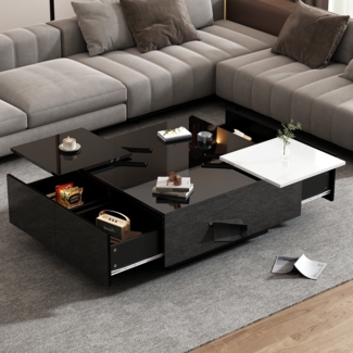 Merax hochglänzender schwarzer quadratischer Couchtisch mit Einlegeböden 75*75*33,5cm, kleine verschiebbare Tischplatte in kontrastierendem Weiß