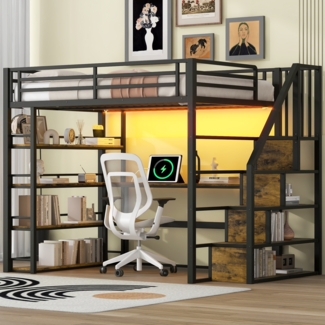 Merax 140x200 Metall-Hochbett mit Treppe, integriertem Schreibtisch, Staufächern, USB-Ladestation und LED-Licht, Schwarz