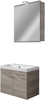 FACKELMANN LIMA Waschtisch Set mit Spiegelschrank 60 cm breit, Braun, Waschbecken Gussmarmor Weiß