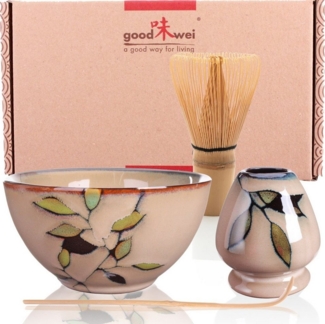 Goodwei Teeschale Matcha Teezeremonie Set "Bamboo" mit Teeschale, Besen und Besenhalter, 4-tlg, Keramik