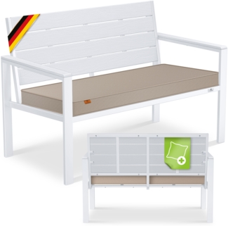 KESSER® Gartenbank mit Kissen – Sitzbank Wetterfest 2-Sitzer Parkbank in Holzoptik Balkonbank für Garten Terrasse Balkon bis 300 kg belastbar UV-beständig inkl. abnehmbarem & waschbarem Polsterbezug Weiß / Weiß