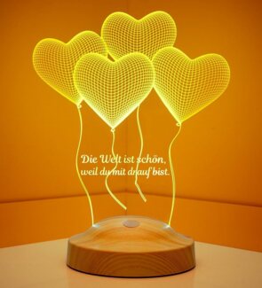 Geschenkelampe LED Nachttischlampe Vier Herzen Hochzeit 3D mehrfarbige Nachtlicht Valentinstagsgeschenk, Leuchte 7 Farben fest integriert, Valentinstag Geschenk für Freundin, Sie, Ehefrau, Verlobte, Partnerin, Sie