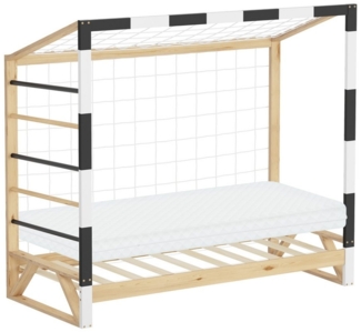 ML-DESIGN Spielbett Kinderbett Fußballtor Holzbett mit Lattenrost Kletterleiter & Netz, Abenteuerbett 80x160cm Natur für Kinder aus Kiefernholz mit Matratze