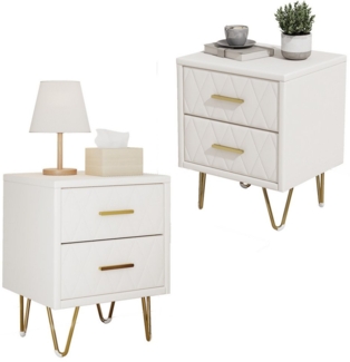 SEEZSSA Nachttisch 2er Set Nachtschrank mit 2 Schubladen (2-St, Sofatisch Beistelltisch für Wohnzimmer Schlafzimmer, Beige PU), Schubladenschrank mit Metallbeinen und Metallgriffen 41 x 35.5 x 51 cm