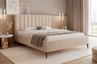 Goldstoff Polsterbett Elegantes Bett mit hohem Kopfteil & Stauraum für Schlafzimmer, Modernes Bett mit Stauraum & gepolstertem Kopfteil in elegantem Design