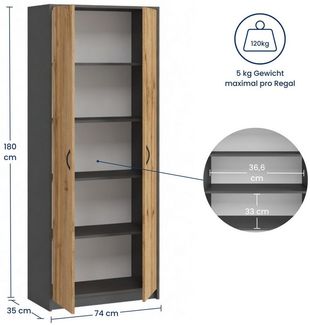Home Collective Mehrzweckschrank Kleiderschrank Regal 74cm breit 180cm hoch Aktenschrank mit vier Einlegeböden, Haushaltsschrank in Anthrazit mit Eichefarben