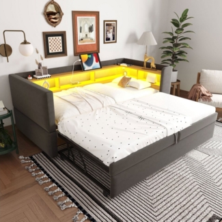 HAUSS SPOLE Schlafsofa 90/180x190cm ausziehbares Daybett mit LED Leuchten, Steckdosen, Grau, Ausziehbares Schlafsofa 90/180*190 cm, mit Steckdosen & Ablagefächern, Multifunktional für Gästezimmer, Wohnzimmer & Schlafzimmer