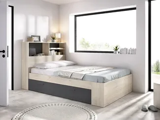 Vente-unique - VARDIEL Bett Holz, Platte GrauBeige - B 127,4 cm x H 110 cm x L 217,6 cm