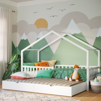 Bellabino 'Vils' Hausbett 90x200 cm mit Gästebett 90x190 cm, weiß, Kiefer Massivholz, Montessori Kinderbett mit Ausziehbett, inkl. Rausfallschutz und Lattenrost