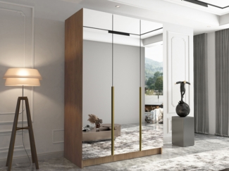 Drehtürenschrank Cikzori III, Kleiderschrank mit 3 Türen, Frontspiegel (Farbe: Eiche Cremona / Eiche Cremona + Gold)