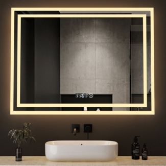 WDWRITTI LED-Lichtspiegel LED Badspiegel mit uhrzeit 80x60 Wandspiegel mit beleuchtung Touch (Spiegel, Dimmbar, 3Lichtfarben), Speicherfunktion, IP44