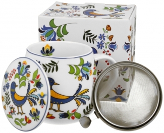 DUO ETNO Fassbecher 430 ml KASHUBIAN BIRD mit Teesieb, New Bone China Porzellan