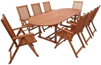 DEGAMO Garten-Essgruppe LAGO, (9-tlg), (8x Klappsessel, 1x Ausziehtisch 180/260x100 cm), Eukalyptus geölt
