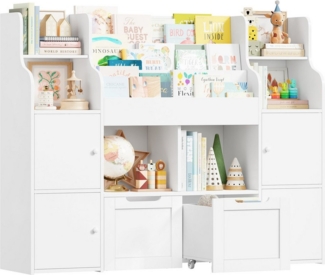 Homfa Kinderregal Spielzeugtruhe mit 2 Schubladen auf Rollen Bücherregal, Kinderbücherregal Spiegelregal mit Tür 126x104x30 cm weiß