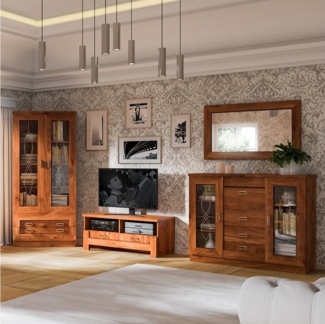 Lomadox Wohnzimmer-Set TEORA-161, (Mega-Spar-Set, 4-St, Vitrinenschrank Lowboard Sideboard Spiegel), in Eiche Alteiche Vitrinentüren mit Verzierung rustikal Metallgriffe