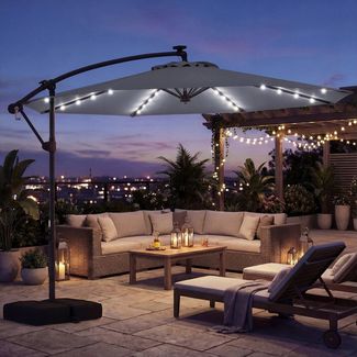 COSTWAY Sonnenschirm, mit Ständer und LED, 300 cm Ampelschirm 360° drehbar