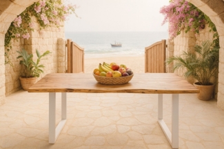 SAM® Baumkantentisch White_Beach, Akazienholz, Baumkante, Metallgestell U-Form, bis 3 Meter