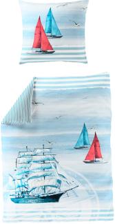 Traumschloss Mako-Satin Digitaldruck Bettwäsche - 5227_20- Segelschiff, Streifen, blau 135x200 / 80x80