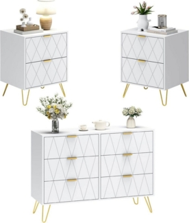 UEV Schlafzimmer-Set, 3er-Set Schlafzimmermöbel, Sparset Jugendzimmer-Set, (Kommode mit 6 Schubladen und 2er-Set Nachttisch, Modern Linienmuster, Skandinavisch Goldene Griffe und Füße), Schublade mit Soft-close, Sideboard mit Kisppschutz