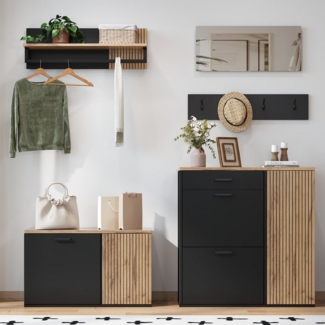 KLAM HOME Garderoben-Set 5-teiliges Flur-Set, Schrank, Kommode, Spiegel, (Garderoben-Kombination mit Spiegel & Schuhbank), 2 Schränke + Regal + 4 Haken für Ordnung im Eingangsbereich