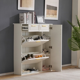 MODFU Schuhschrank mit goldenen Griffen (Schuhregal, Schuhkommode, Klappschuhschrank, 1-St, 2 Schubladen, 3 Türen, 1 offene Fach) mit verstellbaren Regalen