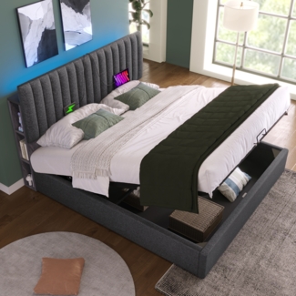 Polsterbett 160x200 cm mit Stauraum und LED-Kopfteil, Leinenbezug mit USB- und Type-C-Anschlüssen