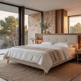 Polsterbett HWC-J98, Bett Doppelbett Bettgestell mit Lattenrost, Massivholz ~ 160x200cm creme-beige