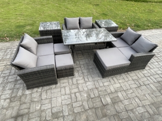 Fimous 9 Sitzer Polyrattan Gartenmöbel-Sets mit Länglicher Esstisch Doppelsitzsofa 3 Fußhockern 2 Beistelltischen Dunkelgrau gemischt
