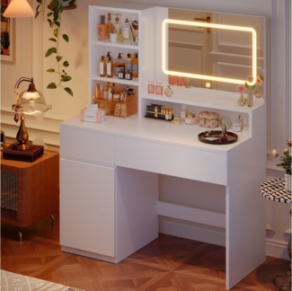 HOMALL Schminktisch Mit integrierten LED-Leuchten, einstellbare Helligkeit und Temperatur (Produktabmessungen: 90 × 40 × 135 cm Mit 5 offenen Ablagefächern + 2 Schubladen + 1 doppelstöckigem Schrank)