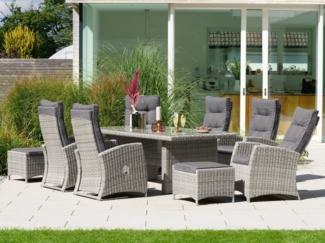 KONIFERA Garten-Essgruppe Monaco, (Set, 17-tlg, 6x Sessel, 2x Hocker, 1x Tisch 200 x 100 x 74 cm, inkl. Auflagen), Polyrattan, Aluminium, Rückenlehne verstellbar