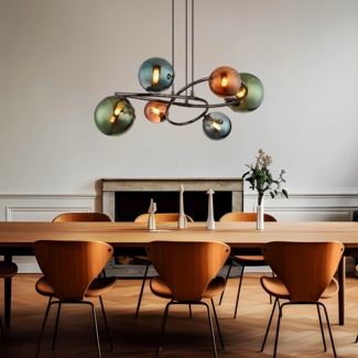 LED Hängeleuchte, grau matt, Glaskugeln mehrfarbig, H 120 cm