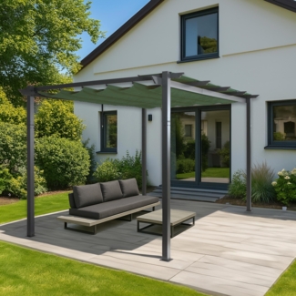 Aluminium Pergola HWC-N93, Gartenpavillon Pavillon Garten, stabiles 8cm-Gestell Schiebedach UV50+ 3x4m ~ grün