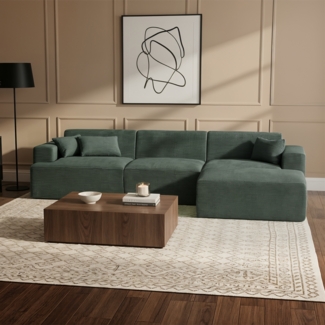 skølm 'Freki' Cloud Sofa 4 Sitzer mit Hocker, Vollschaumcouch mit Federkern und Vakuum-Kompression, kein Aufbau erforderlich, mit 3 Kissen, Cord dunkelgrün