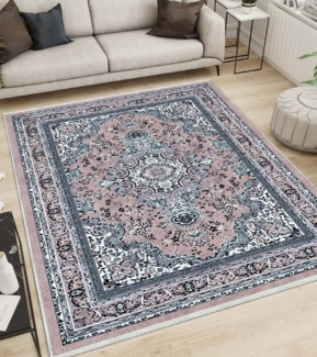 Jungengel Teppich Orientteppich in Rosa und Grau mit klassischem Muster – Waschbar, Waschbar, antiallergisch, rutschfest, besonders pflegeleicht