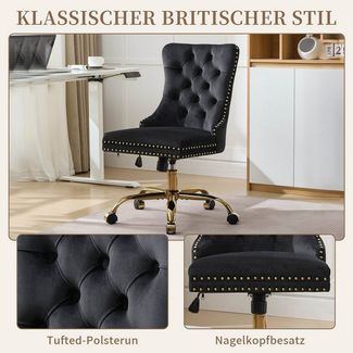 SeedWave Bürostuhl Samt-Schminkstuhl mit gesteppter Rückenlehne und Nagelkopfverzierung, Vintage Britischer, höhenverstellbar, schwenk- & rollbar, bis 150 kg