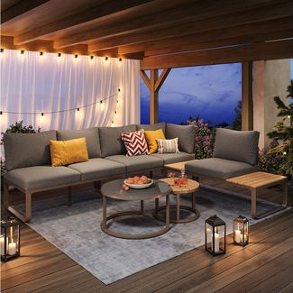 Celya Gartenlounge-Set Gartenlounges Balkon, Gartenmöbel Set 4 Personen, verstellbaren, (verzinkter Eisenrahmen, bequeme Gartenmöbel, graue Sitzpolster und Kissen inklusive, mit verstellbaren Beinen), Gartenmöbel-Set (4-5 Sitzplätze), 2 stapelbare Couc...