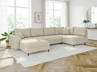 S-Style Möbel Wohnlandschaft Zara mit Braun Holzfüßen im skandinavischen Stil aus Cord-Stoff, Ottomane links oder rechts bestellbar, mit Wellenfederung