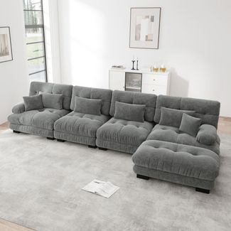 Flieks 4-Sitzer Ecksofa, Modular Cloud Schlafsofa aus Chenille mit 4 Lenden- & 2 Dekokissen, breiten Armlehnen & Ottoman, Grau