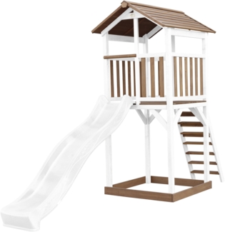 AXI Beach Tower Spielturm aus Holz in Braun & Weiß Spielhaus für Kinder mit weißer Rutsche und Sandkasten | Braun, weiß | Holz | 349 cm