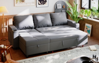 GUNJI Ecksofa Multifunktionaler Stauraum Ausziehbares L-förmiges Schlafsofa, Integrierter spritzwassergeschützter Getränkehalter, Seitentaschen, internes Staufach