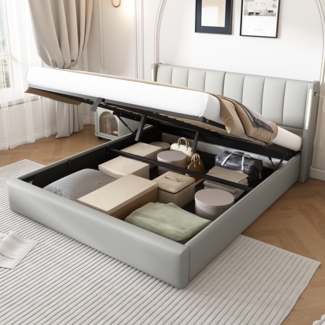 Polsterbett 140x200 cm, wasserdichtes PU, verstellbares Kopfteil 0–30°, LED-Beleuchtung & wiederaufladbarer USB-Anschluss, mit Stauraum,Grau