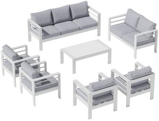MeXo Gartenlounge-Set Terrassenmöbel Set 8-10 Personen Aluminium outdoor wetterfest, (Belastbarkeit pro Sitzplatz 140kg, 7-tlg, 12cm Deluxe Relax-Sitzkissen), Gartenmöbel Set für Außenbereich, Terrasse, Balkon und Garten