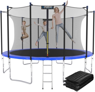 KINETIC SPORTS Trampolin Outdoor 'Salto Plus' - Komplett-Set für Kinder, USA Sprungtuch, Netz, Randpolster, Leiter - bis zu 160kg, Blau-4, Ø 490 cm