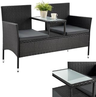 Juskys Polyrattan Gartenbank Monaco - 2-Sitzer Bank mit Tisch & Kissen - 133 × 63 × 84 cm - Rattan Sitzbank wetterfest Garten Balkon – schwarz