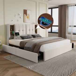 Flieks Polsterbett, Doppelbett 160x200cm Kabelloses Laden/USB/Typ-c & 4 Schubladen Leinen