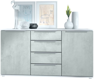 Vladon Sideboard Linio 139 x 72,5 x 35 cm Anrichte mit 2 Türen und 4 Schubladen, Korpus in Weiß matt, Fronten in Beton Oxid Optik