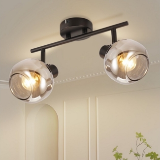 ZMH Deckenleuchte Wohnzimmer 350° Drehbar Rauchgrau Glas Retro Flurlampe für Küche, Vertikale Drehung: 90 Grad, ohne Leuchtmittel, 2 Flammig E14 Fassung Schwarz Deckenbeleuchtung
