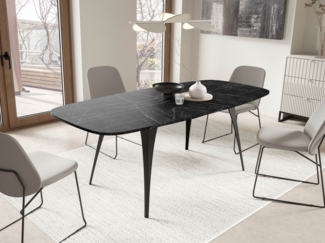 Esstisch Adzaw 160, Ausziehbarer, Beine aus Stahl (Farbe: Schwarz / Black Pietra Grigia)